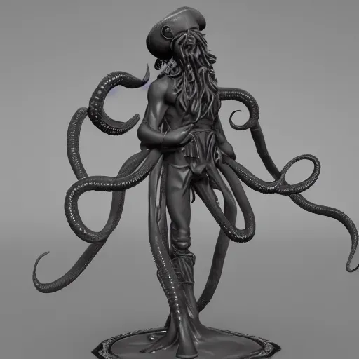 Image similar to 3 d render of a sculpture of a pirate full of tentacles, no colors, white and black, plastic, 4 k, 8 k, hd,