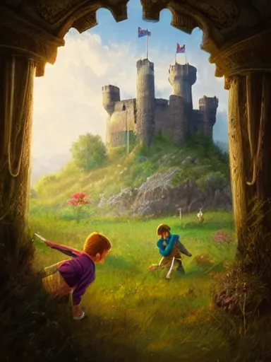 Image similar to children playing inside a meadow inside the castle walls. intricate, elegant, highly detailed, digital painting, artstation, concept art, sharp focus, illustration, by justin gerard and artgerm, 8 k