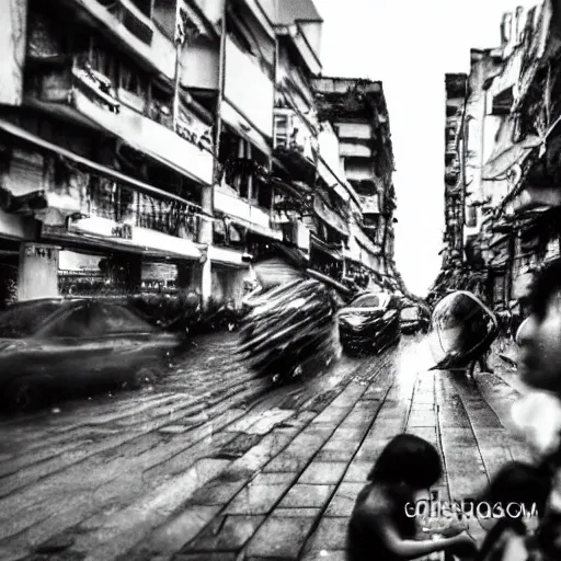 Prompt: cyberpunk ho chi minh city in the rain, time - lapse, photojournalism, wide angle, perspective, double - exposure, light, tones of black in background