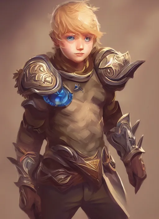 Image similar to a highly detailed illustration of cute little blonde blue eyes boy, wide eyed adventurous pose, intricate, elegant, highly detailed, centered, digital painting, artstation, concept art, smooth, sharp focus, league of legends concept art, WLOP