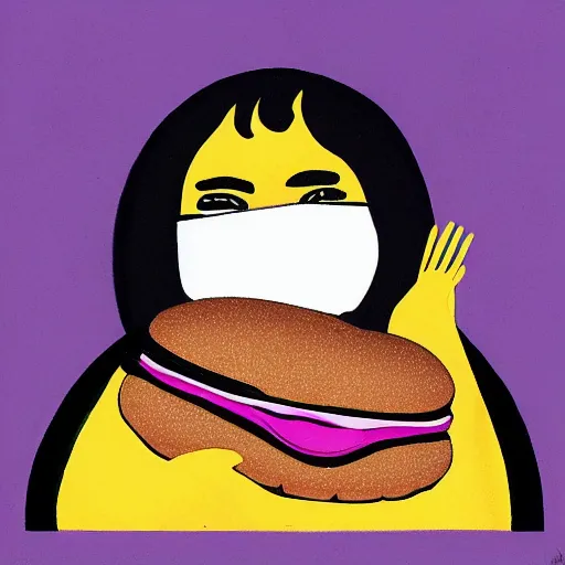 Prompt: Dream wearing a mask eating a cheeseburger, obese, fanart
