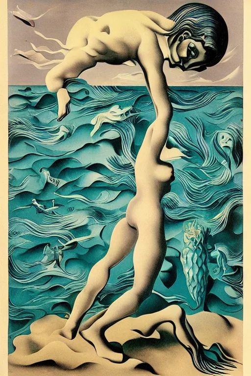 Prompt: visions of ocean girlfish, by stanislaw szukalski, marcel duchamp, salvador dali, rene magritte, andre breton - w 1 0 2 4