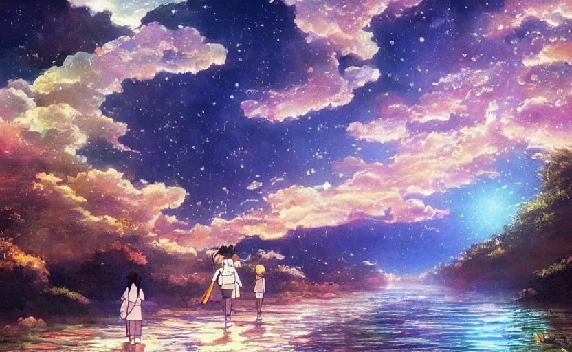 Image similar to A painting named A river of light that leads to God in colaboration with Studio Ghibli,