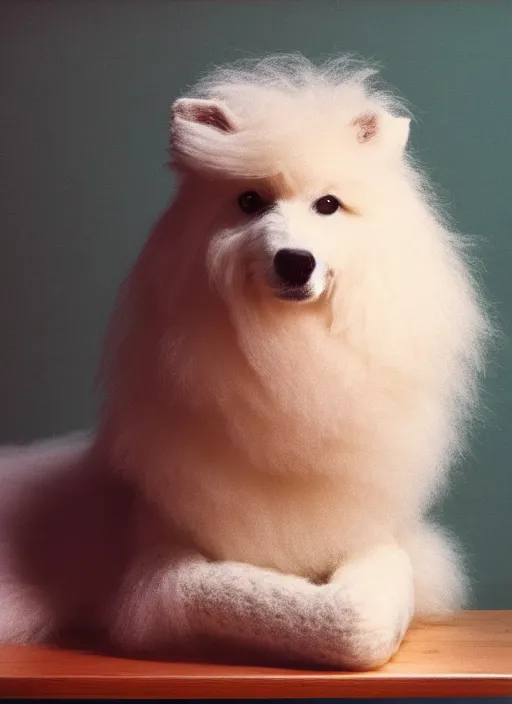 Prompt: realistic photo of a white fluffy hairy sweater, straight laying on a wooden desk 1 9 9 0, life magazine reportage photo, natural colors