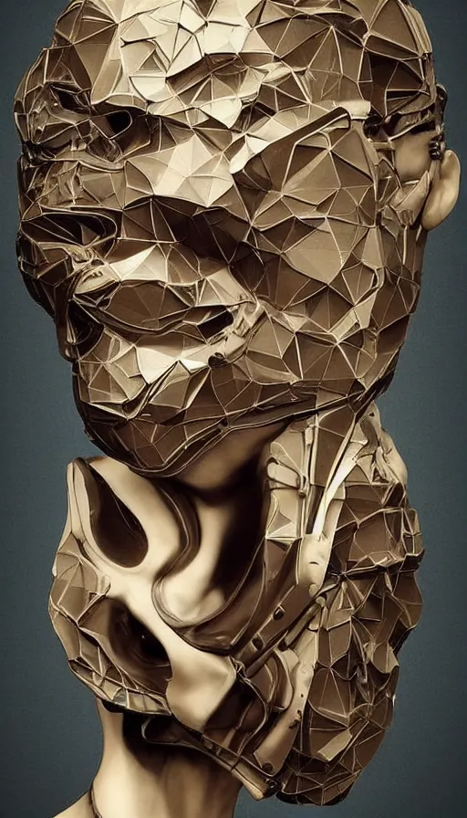 Image similar to a one woman with a futuristic mask on her face, a surrealist sculpture by alexander mcqueen, trending on pinterest, plasticien, biomorphic, made of plastic, a computer rendering by bedwyr williams, featured on zbrush central, holography, multiple exposure, glitch art, glitchy