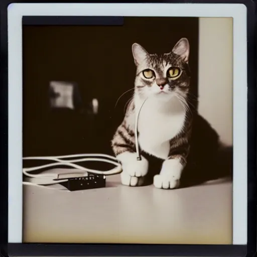 Image similar to a polaroid photo of a cat wearing headphones