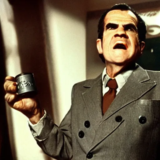 Prompt: a movie still of richard nixon as alex from a clockwork orange