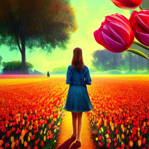 Prompt: large tulip as a face, girl walking in a flower field, surreal photography, sunrise dramatic light, impressionist painting, colorful clouds, digital painting, artstation, simon stalenhag