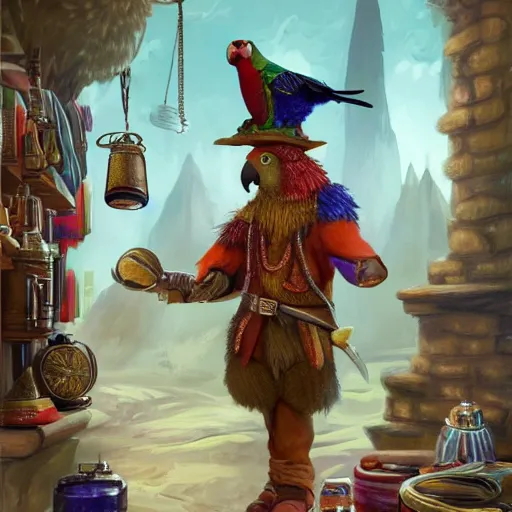 Image similar to Anthropomorphized parrot trader in his shop, selling his wares, portrait, items, weapons, magic potions, trinkets, carpet, lamps, window, fancy hat, sly expression, cunning expression, cute expression, long thick shiny black beak, D&D, fantasy, cinematic lighting, highly detailed, digital painting, artstation, concept art, smooth, sharp focus, illustration, warm light, cozy warm tint, magic the gathering artwork, volumetric lighting, 8k, art by Akihiko Yoshida, Greg Rutkowski