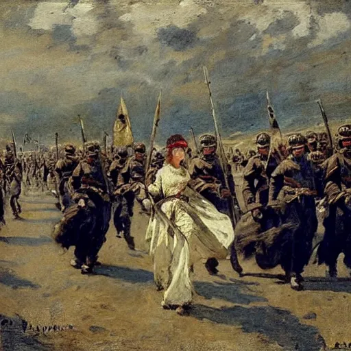 Image similar to action heroine leading an army, by alfred stevens