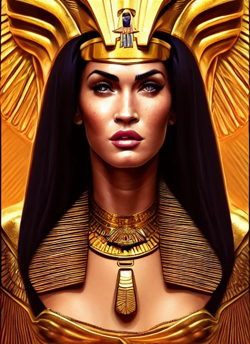 Image similar to portrait of megan fox as egypt queen, pharao, sun, mummy, scarab, pyramids, gold, intricate, headshot, highly detailed, digital painting, artstation, concept art, sharp focus, cinematic lighting, illustration, art by artgerm and greg rutkowski, alphonse mucha, cgsociety