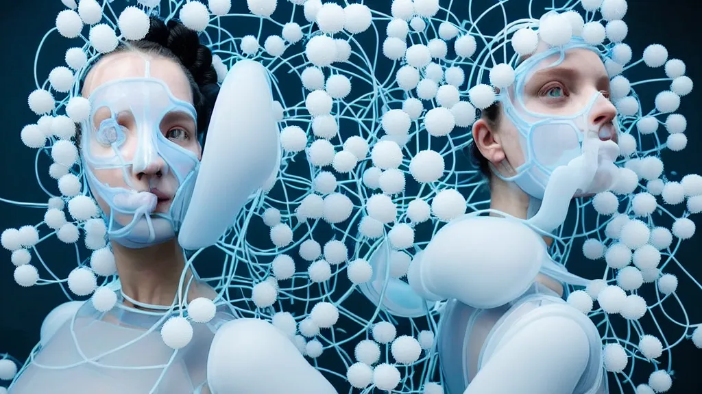 Image similar to symmetrical portrait of a woman wearing a blue embroidered translucent silicone mask and white frizzy hair buns, wearing a black bodysuit by alexander mcqueen, standing in a sterile room full of translucent silicone white flowers and plants, white background, soft diffused light, biotechnology, humanoide robot, futuristic aesthetic, translucent, ethereal, intricate details, highly detailed, masterpiece,