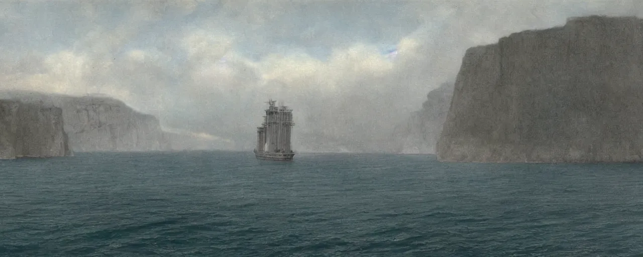 Prompt: cruise ship colossus near misty black cliffs over steamy water by Fernand Khnopff, matte painting