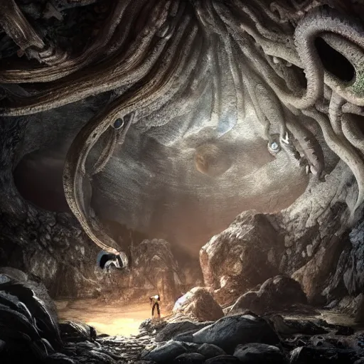 Prompt: rocky cave opening with an unimaginable faceless creature inside, many eyes, many tentacles, many teeth, creepy lighting, dark souls inspired, by hidetaka miyazaki