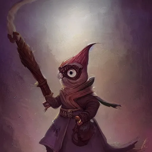 Image similar to cute little anthropomorphic bird, wielding a magic staff, tiny, small, short, Wizard robe, cute and adorable, pretty, beautiful, DnD character art portrait, matte fantasy painting, DeviantArt Artstation, by Jason Felix by Steve Argyle by Tyler Jacobson by Peter Mohrbacher, cinema