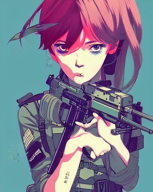 Image similar to girl with tactical gear, very anime!!! anime!! intricate details, aesthetically pleasing pastel colors, poster background, aesthetic details, art by conrad roset and ilya kuvshinov