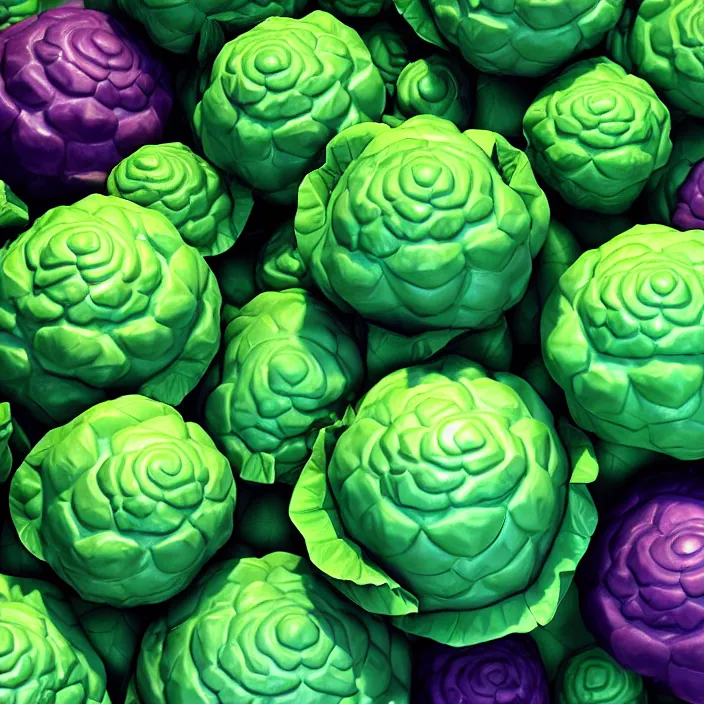 Prompt: high quality 3 d render very cute cabbages! money everywhere, highly detailed, unreal engine cinematic smooth, moody purple green light, low angle, uhd 8 k