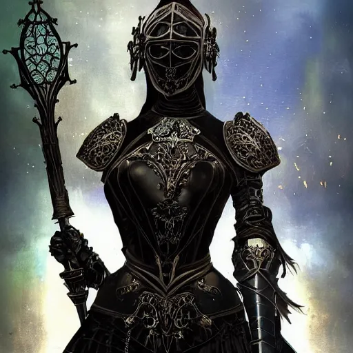 Image similar to beautiful victorian and luxury and goddess and gothic female medieval Black armor knight portrait+shiny eyes+front face with light flowing hair, ultradetail face, ruined gothic cathedral, art and illustration by tian zi and craig mullins and WLOP and alphonse mucha, ssci-fi, fantasy, intricate complexity, human structure, hypermaximalist, fantasy character concept, dynamic lighting, neon light, watermark, blurry, hyperrealism 8k