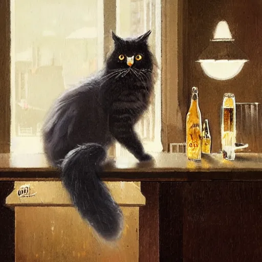 Image similar to of a british longhair cat sitting at the bar next to a beer, by greg rutkowski