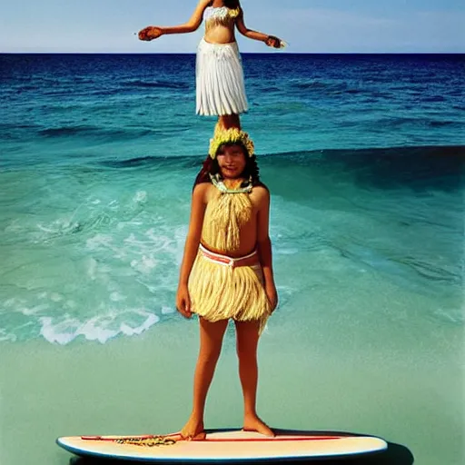 Image similar to The computer art depicts a young girl in a traditional hula outfit. She is standing on a surfboard in front of a beautiful ocean landscape. midday by Tim Walker, by Ed Emshwiller organic