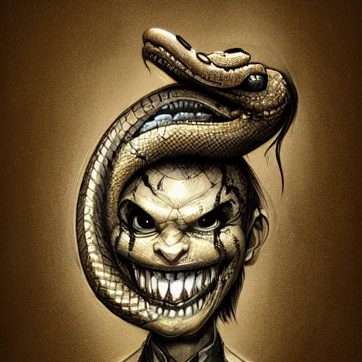 Prompt: grunge cartoon sketch of a snake with a human head with a wide smile by - michael karcz, loony toons style, horror theme, detailed, elegant, intricate