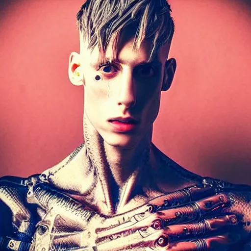 Image similar to “a realistic detailed photo of a guy who is an attractive humanoid who is half robot and half humanoid, who is a male android, rapper Machine Gun Kelly, shiny skin, posing like a statue, blank stare”