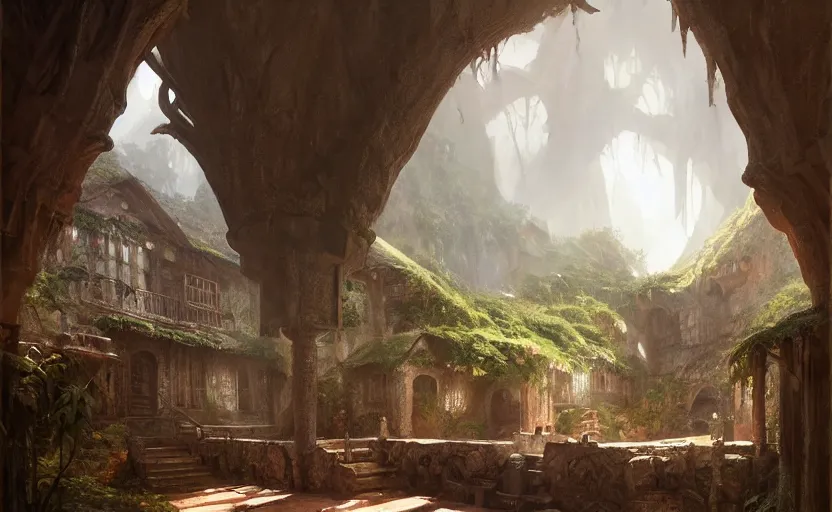 Prompt: painting of a series of opposing living quarters overlooking communal area carved inside a mountain, lush garden with hot spring between, cozy bed, well maintained, clean, medieval, fantasy genre, natural light, fantasy, natural light, concept art, by greg rutkowski and craig mullins, cozy atmospheric and cinematic lighting, trending on artstation