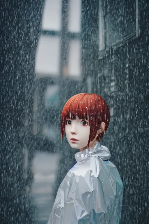 Prompt: Kodak Portra 160, 8K, highly detailed, seinen manga 3/4 closeup portrait, eye contact, focus on clear transparent see through raincoat model, tilt shift background: famous blade runner anime remake, pond scene