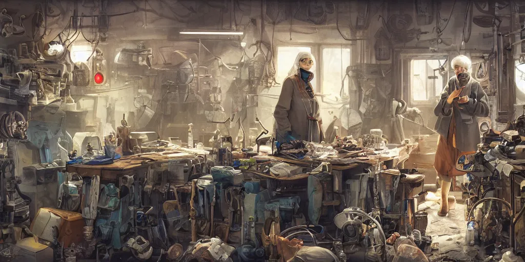 Prompt: an environmental concept art of an elderly russian woman cyberneticist in a cluttered workshop, surgical implements, surgery table, highly detailed, cinematic, dramatic, cyberpunk, dieselpunk, scifi space station, horror