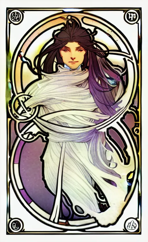 Prompt: D&D round token of an air genasi wizard, cloudy border by Alphonse Mucha