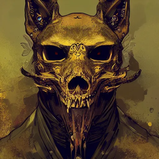 Image similar to a golden jackal skull face african necromancer, Apex Legends character digital illustration portrait design, by android jones, detailed, cinematic lighting, wide angle action dynamic portrait