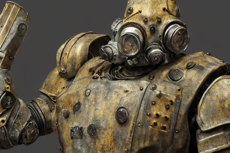 Prompt: photo taken of an epic intricate, ultra detailed, super realistic gritty, hero prop, exquisitely weathered very clunky, bulky fallout 5 power armour suits movie prop replica's in a row in the workshop, created by weta workshop, full body shot, photorealistic, sharp focus, white wall, cold colour temperture, golden ratio