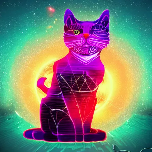 Prompt: interdimensional cat bodhisattva, magical synthwave digital art trending on artstation