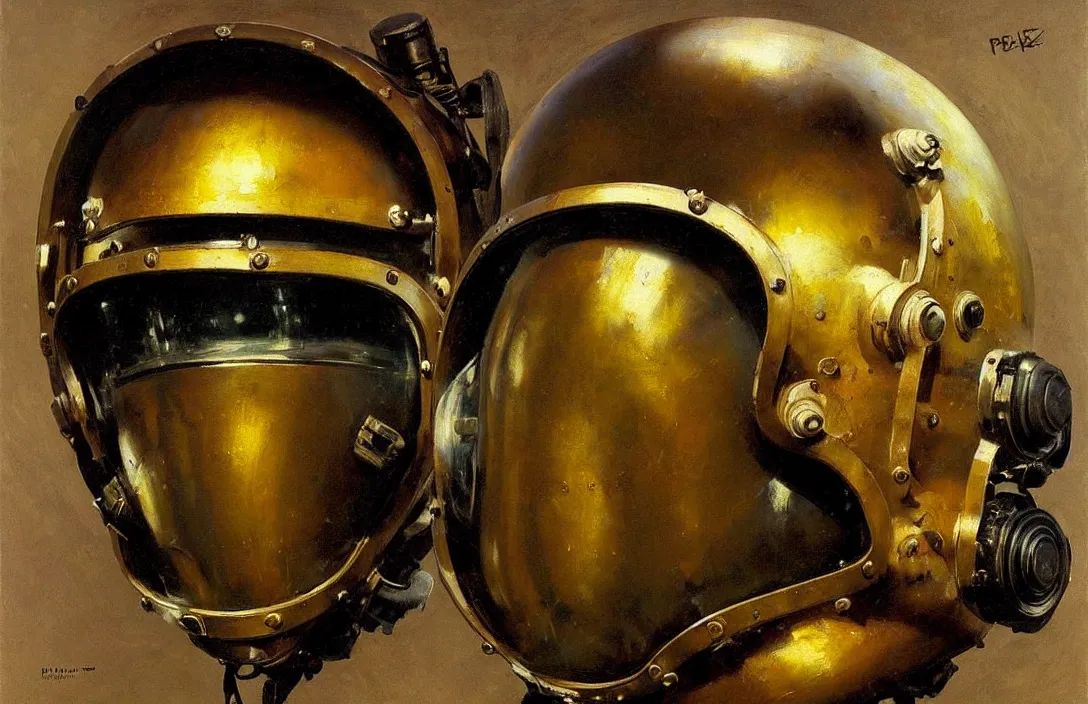 Image similar to portrait of deep sea diver helmet!!!!!!!!!!!!!!!!!!!!!!!!!!!, detailed face, detailed painting, epic lighting, by ilya repin, phil hale and kent williams