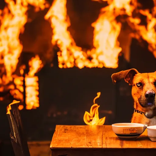 Image similar to a photograph of a big fire on a dining room on fire, only remains a wooden table and a chair (no fire at all there), an human-like relaxed dog sitting at this table, ☕ on the table, surrounded by flames, a lot of flames behind the dog, black smoke instead of the ceiling, no watermark