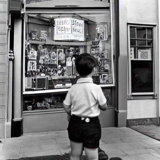 Prompt: black and white photography of vivian maier's reflexion in the front glass of a toys shop, by vivan maier