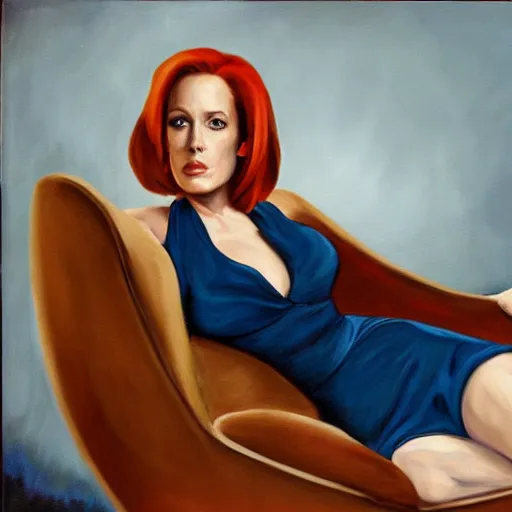 Prompt: dana scully on a chaise lounge, oil on canvas, highly detailed, masterpiece, art by rubens