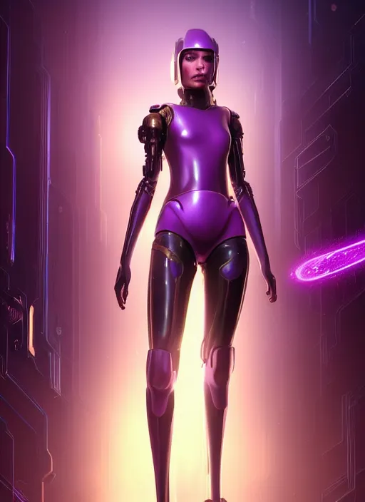 Image similar to young woman : : soft purple - gold galactic cyberpunk : : weta disney pixar movie still photo : : hi - fructose, sci fi, fantasy, decadent highly - detailed digital painting, heroic pose, full length shot, golden ratio, octane render, artstation, smooth, sharp focus, artgerm, mucha, loish, wlop, gogo