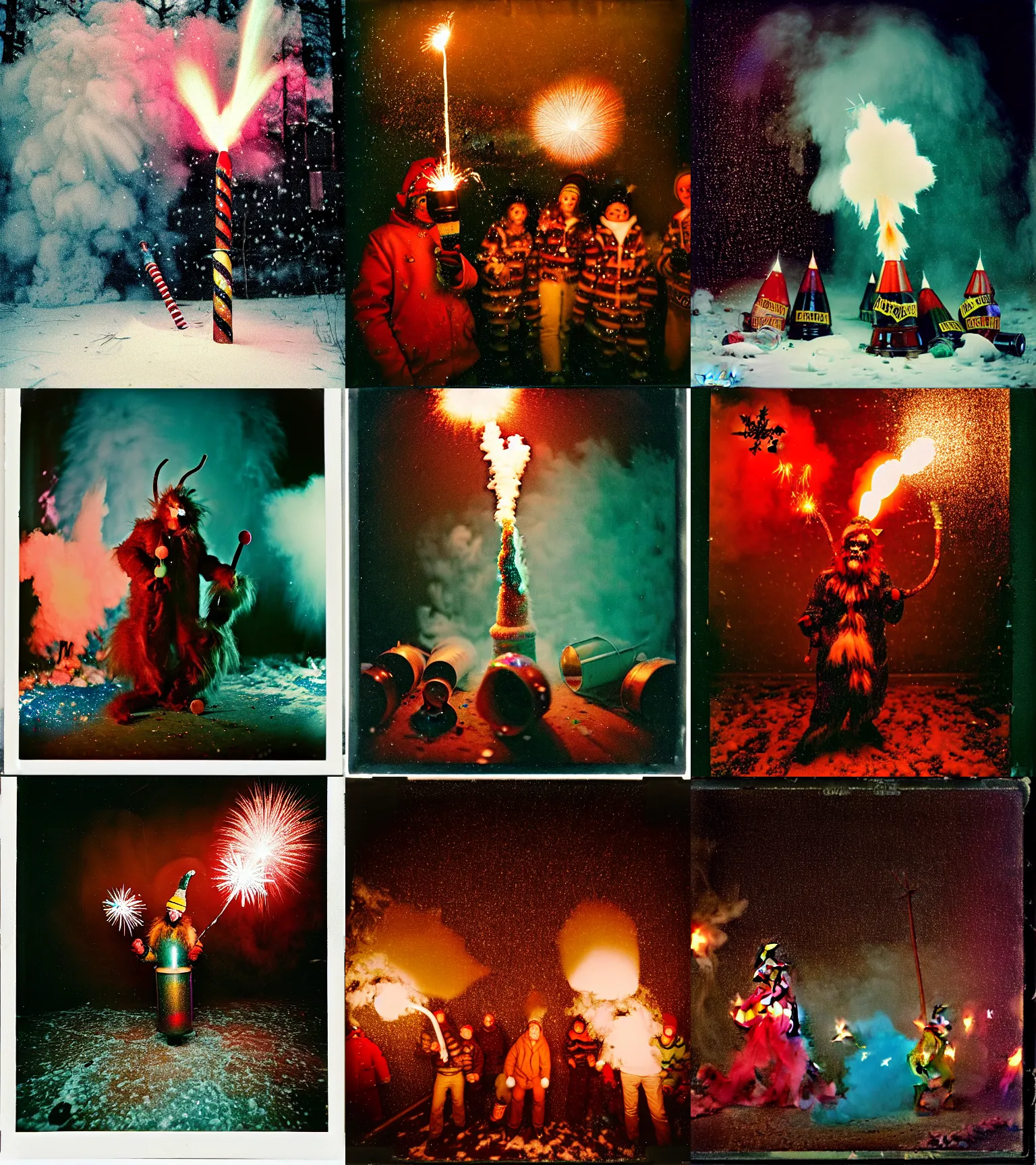 Image similar to kodak portra 4 0 0, wetplate, winter, snowflakes, rainbow coloured rockets, chaos, glitter tornados, award winning dynamic photo of a bunch of hazardous krampus between exploding fire barrels by robert capas, motion blur, in a small pantry at night with colourful pyro fireworks and torches, teal lights
