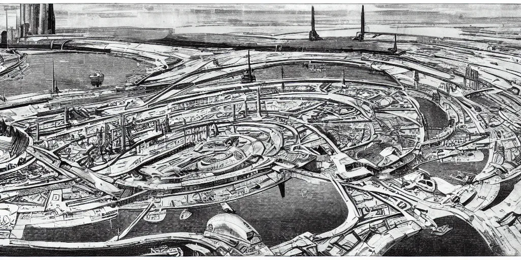 Prompt: architectural overview of a 1960 science fiction space port, drawn by James Joyce, in the style of Vaugaus