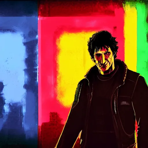 Image similar to todd howard with a switchblade in a alleyway, forcing you to buy skyrim, threatening, sharp, colorful, digital art, neon, bright, realism, bold