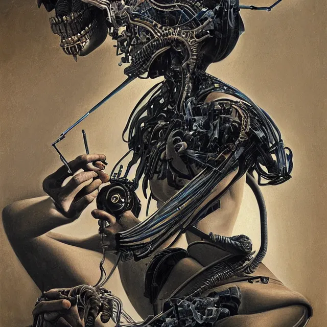 Image similar to biomechanoid artist painting a self - portrait on a canvas. intricate, highly detailed, digital matte painting in the style of gil elvgren and in the style of h. r. giger. irony, recursion, inspiration.