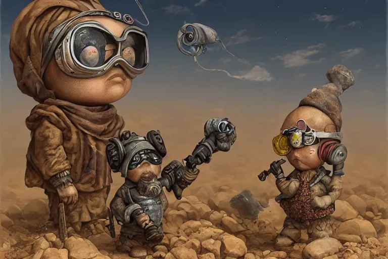 Image similar to a highly detailed forgotten garden gnome wearing goggles and head scarf surviving in a vast barren desert, hopeless wasteland background with a relentless raging sun overhead, post - apocalyptic road warrior vibe, full body, wide angle, an ultrafine detailed painting by joe fenton, trending on deviantart, pop surrealism, whimsical, lowbrow, perfect symmetrical face, sharp focus, octane, masterpiece