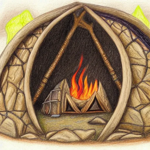 Prompt: a dragon native living in a small clay hut near a campfire, extremely stunning and detailed colored pencil drawing