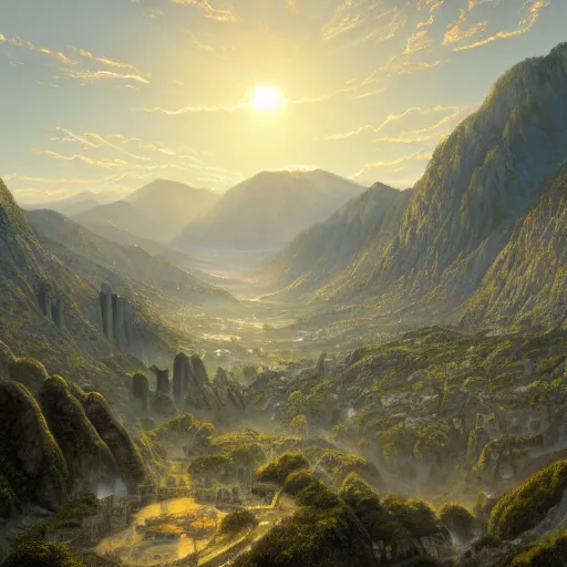 Image similar to A beautiful ultradetailed painting of a huge gilded city standing at the bottom of a valley surrounded by mountains, morning shot, pale blue mist, sunny skies, Raphael Lacoste, Makoto Shinkai, 4k, trending on artstation, aerial photography, ultrawide lens