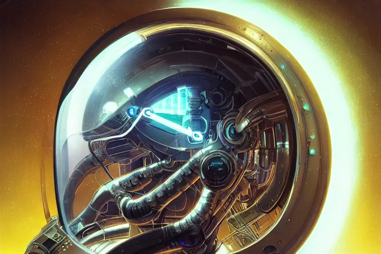 Image similar to portrait of a biomechanical head inside a futuristic space helmet, organic transistors, neon, tron, white metal, iridescent visor, smooth, sharp focus, octane render, high detail, art by Greg Rutkowski and Alphonse Mucha and Giger,