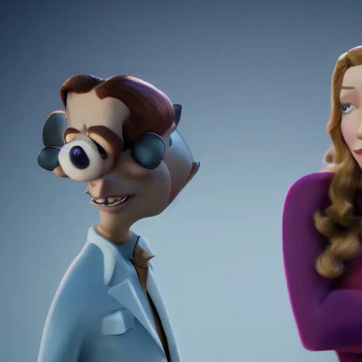 Image similar to humphrey bogart and lauren bacall, pixar style disney style. Octane render, studio lighting.