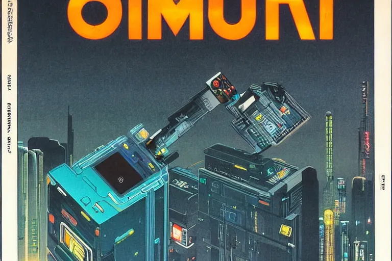 Prompt: a 1982 cover of OMNI magazine depicting an anatomically correct hand holding an electronic box. Neo-Tokyo. Cyberpunk style art by Vincent Di Fate.