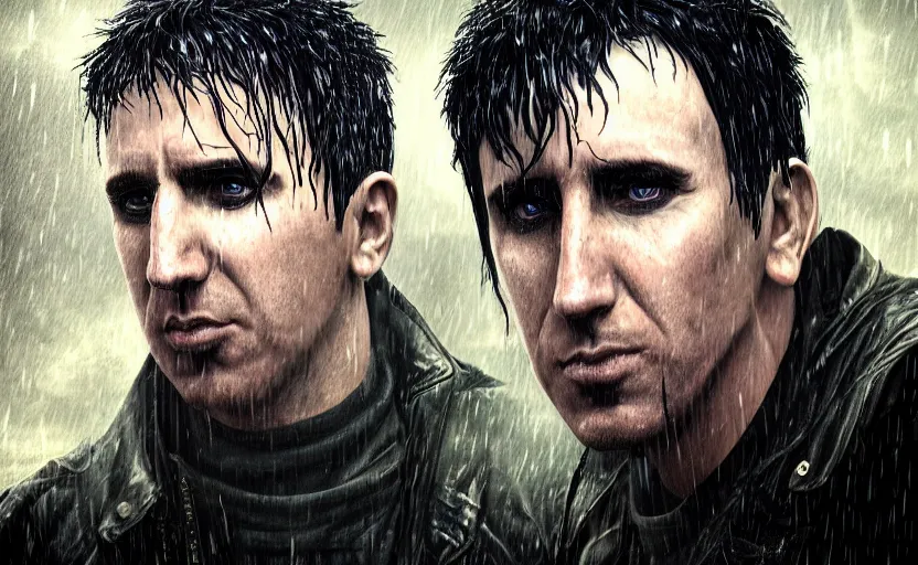 Prompt: an epic fantasy comic book style portrait painting of a very imposing cybergoth trent reznor in the rain, wet hair, neon reflections, character design by mark ryden and pixar and hayao miyazaki, unreal 5, daz, hyperrealistic, octane render, cosplay, rpg portrait, dynamic lighting, intricate detail, cinematic