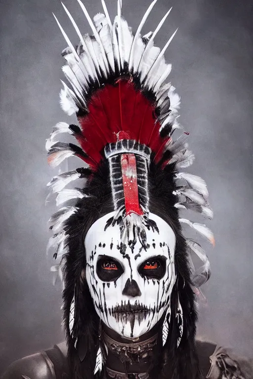 Image similar to the ghost - spirit of the grim - warpaint wears the scarlet skull armor and native blood headdress feathers, midnight fog - mist!, dark oil painting colors, realism, cinematic lighting, various refining methods, micro macro autofocus, ultra definition, award winning photo